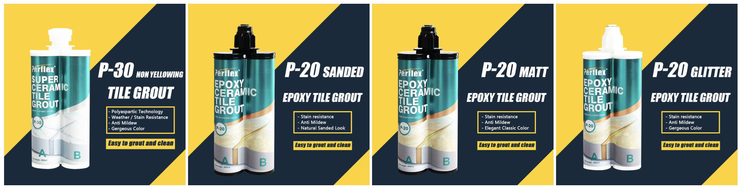 Easy clean grouting way Perflex dual cyinder epoxy grout adhesive antimildew, antimould, stain